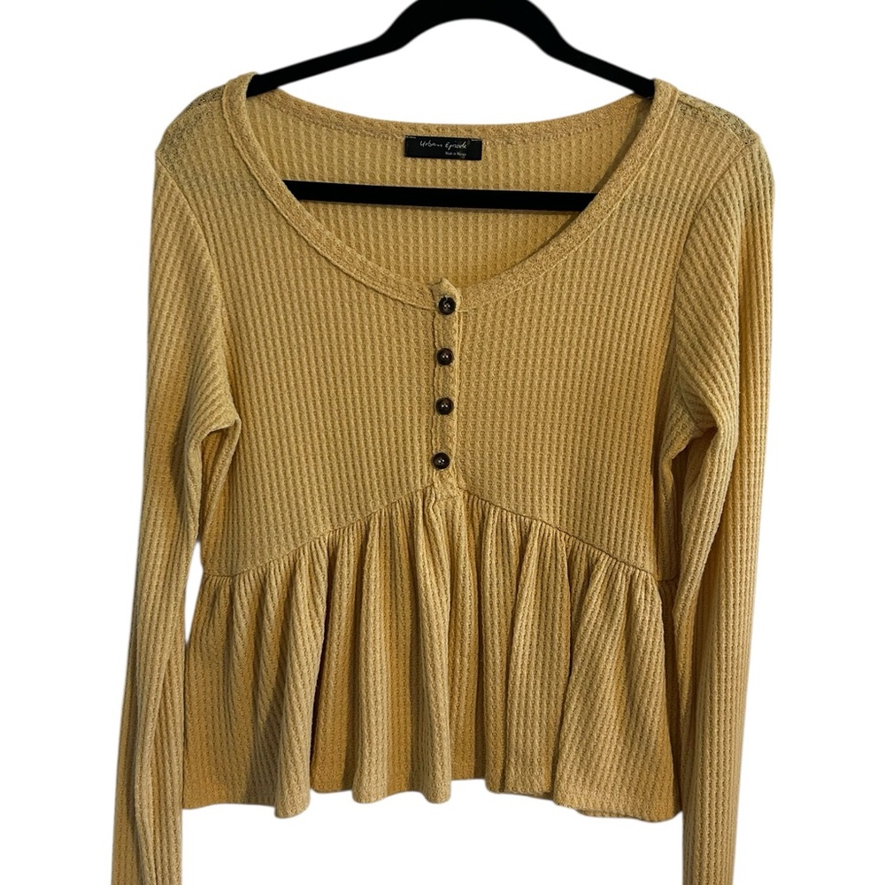 Urban Episode Yellow Ribbed Peplum Blouse Waffle-Knit V-Neck Top X-Lg. Pre loved